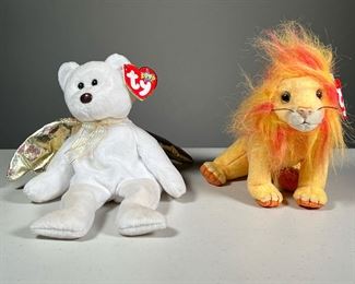 (2PC) MILLENIUM BEANIE BABIES | Including "Halo II" angel bear and "Bushy" lion both with swing tags and "2000 TY INC.," tush tag.