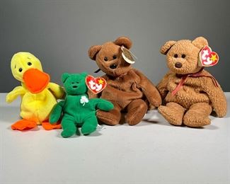 (4PC) 1990S TY BEANIE BABIES | 1990s TY Beanie Babies including:
Brown "Teddy" bear style 4050 with 1993 tush tag, swing tag with "DATE OF BIRTH: 11-28-95" (PVC pellets)
Brown "Curly" bear with 1993 tush tag, swing tag with "DATE OF BIRTH ; April 12, 1996" (with semicolon, PE pellets)
"Quackers" duck style 4024 with 1993 tush tag, swing tag with "DATE OF BIRTH: 4 - 19 - 94" (PVC pellets)
Teenie Beanie "Erin the Bear"