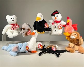 (9PC) 1996 TY BEANIE BABIES | Includes: Spinner, Snowball (Style 4201), Spike, Baldy, Peanut (style 4062), Strut, Gracie, Roary (style 4069), and Maple (style 4600).