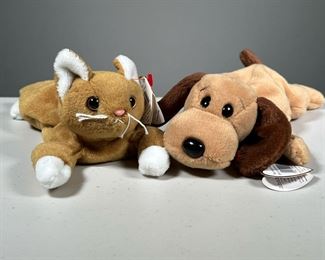 (2PC) 1994 "BONES" & "NIP" BEANIE BABIES |Styles 4001 and 4003, brown cat and dog TY Beanie Babies, both with 1993 tush tags and PVC pellets.