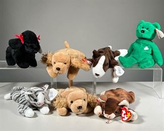 (7PC) 1997 TY BEANIE BABIES | Mostly dogs and cats, including: Pounce, Bruno (with PVC pellets), Erin, Prance, Gigi, and two Spunky dogs.