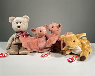 (4PC) MISC. TY BEANIE BABIES | Including two 1996 "BATTY" bats (style 4035), with PVC pellets; 1997 "WHISPER" no style number; and "1999 SIGNATURE BEAR".