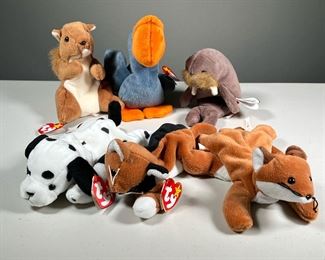 (6PC) MISC. BEANIE BABIES | Including: "JOLLY" Style 4082
"SLY" Style 4115
"CHIP" Style 4121
"DOTTY" Style 4100
"SCOOP" Style 4107
"NUTS" Style 4114 (swing tag not attached)