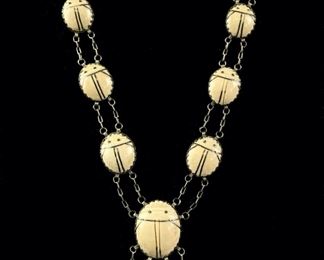Fine 835 Silver Carved Bone Scarab 22" Necklace
