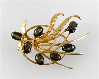 Fine 14K Yellow Gold Seven Stone Black Sapphire Floral Spray Brooch
