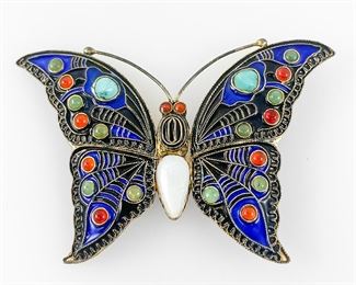 Vtg MMA Gilt Silver Enamel Jade Turquoise Butterfly Brooch Pin
