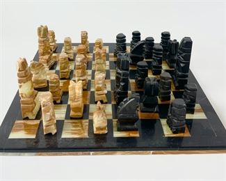 Vintage Onyx alabaster Carved Heavy Stone Mexican Inspired Chess Pieces Game Set
