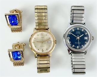 Vintage Timex Gold Tone Mechanical & Timex Dynabeal Quartz Wristwatches & Gold Tone Cuff Links
