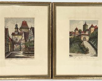 2 Pencil Signed Ernst Grossendorfer Colored Etchings. Framed & Matted
