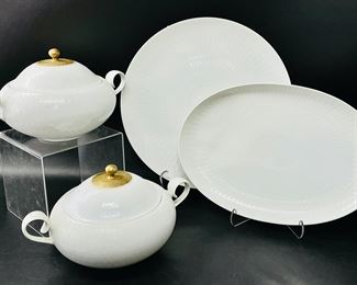 Rosenthal Vintage Mid Century Modern 1960s Studio Linie Bjorn Wiinblad White ROMANCE Round Platter, Oval Serving Plate And Pair Of Lidded Tureens
