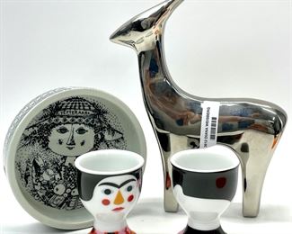 MCM Mid Century Modern Lot Frida & Salvador Frida & Salvador Egg CupsNYMOLLE Denmark Decorative Small Plate And Goat Metal Figurine
