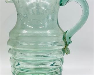 Vtg Handblown green glass 7 3/4" Pitcher Etched Church Cabin House Woods Trees
