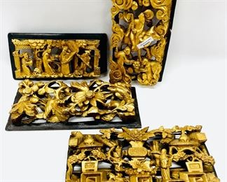 Antique Asian Floral Giltwood Hand Carved Birds, Chrysanthemums Architectural Panel, 19th Century Wood Screen Wall Hanging Art
