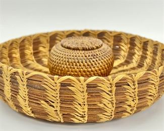 Two Native American Grass Weave Baskets One Lidded
