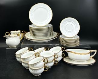 Fine Rosenthal Selb Bavaria White Gold Trim Plates, Tea Cups, Saucers, Creamer, Sugar Jar, and Gravy Bowl
