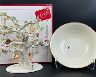 Lenox Gold Trim Ovory Bowl & Christmas Holiday Ornament & Tree Set In Original Box
