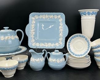 Fine Wedgwood Of Etruria Embossed Queen's Ware Square Handled Cake Plate, Lidded Tea Pot, Lidded Sugar Jar, Creamer, Tea Cups, Saucers, and Vase
