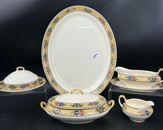 Fine T.S.T Iona Ivory China Serving Platter, Lidded Tureen, Gavy Bowl, Creamer, and Round Covered Butter Dish
