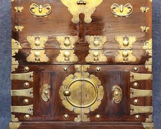 Fancy Antique Tansu Secretary Desk with Etched Decorative Brass Hardware
