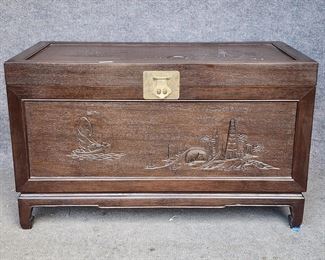 Antique Hand Carved Asian Trunk Chest with Brass Hardware
