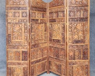 Vintage Teak Brass Inlaid Room Divider Screen Hand Carved Leaf & Berry Design
