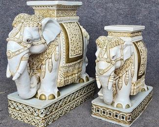 2 Glazed Pottery Garden Seat Figural Elephants
