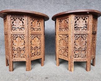 Pair Fantastic Teak Hand carved Side Tables Brass Inlay
