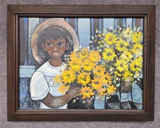 1968 Original Painting on canvas Girl with Bouquet Signed N. Perez Framed
