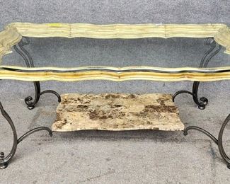 Hollywood Regency Style Wood Iron Glass Coffee Table
