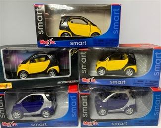 5 Vintage Maisto Scale Model Smart Cars in Original Packaging
