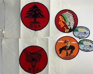 Three Vintage Boy Scouts of America Red Patrol Flags - Flying Eagle, Lion, and Owl
