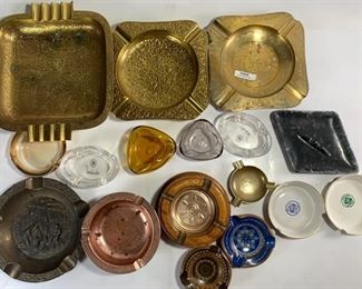 17 Vintage Art Deco Glass, Brass, and Wood Ashtrays
