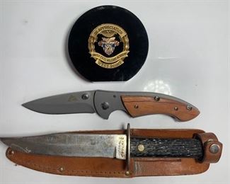 USMA West Point Commemorative Paper Weight and Two Stainless Steel Utility Knifes
