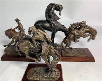 Three Vintage 1988 The Franklin Mint Bronze Frederic Remington Small Model Statues - The Broncho Buster, The Cowboy, and The Outlaw - and One Replica James Earle Fraser Hard Resin Statue - Legs Broken Off Resin Statue
