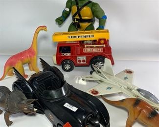 1989 Playmates Toys 14 Inch Tall TMNT Leonardo Turtles Action Figure, 1989 DC Comics Bat Mobile, 1989 Hasbro Navy VFA 131 Jet Fighter Toy, and More
