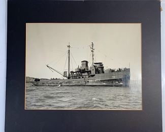 Vintage Matted Photograph of An Anchored US Naval Vessel With Crew, Guns, and More
