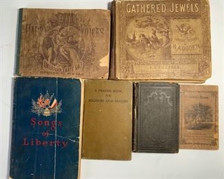 6 Antique Prayer and SongBooks - 1869 Echo To Happy Voice6 Antique Prayer and SongBooks - 1869 Echo To Happy Voices, 1919 Songs of Liberty, 1886 Gathered Jewels, 1859 The Floral Fortune Teller by Miss S. C. Edgarton, and More
