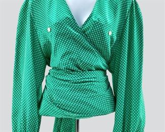 Vintage Guccio GUCCI Italian 100% Silk Polka Dote Stylish Wrap Green Blouse Size 42 In Great Preowned Condition
