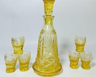 Vintage ROSSINI Empoli Glass cut crystal yellow Decanter and goblets
