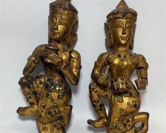 Antique Thai Figures of Siamese Musicians, Wood Carved, Gilt wood
