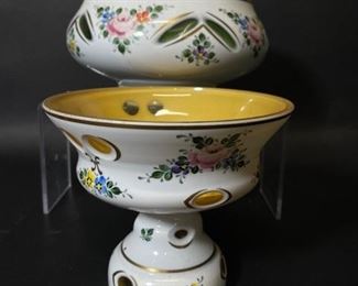 Vintage Bohemian Czech Green Cased White Overlay Glass Candy Dishes
