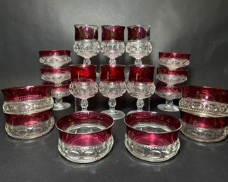 VINTAGE INDIANA GLASS KING CROWN RUBY FLASH SET BOWLS AND GOBLETS
