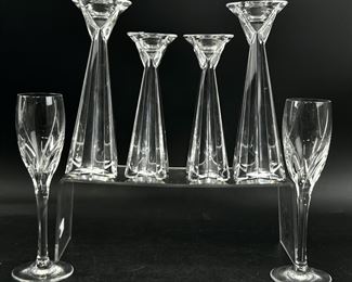 Set Of Two Rosenthal Crystal Estelle Swirl Cut Fluted Champagne Glasses & Set Of Four Thomas Webb Candlesticks
