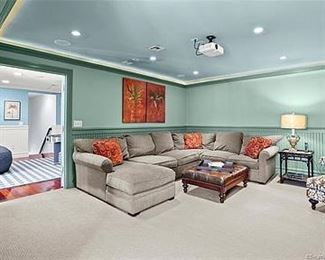 Sectional, leather ottoman, love sac, table lamp, custom chair and ottoman, custom pillows