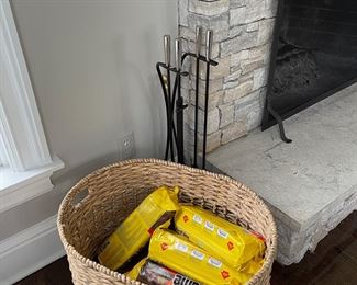 Baskets, fireplace tools, fireplace screen