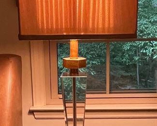 Gorgeous Early trophy Lucite or Crystal column and antiqued brass table lamp (Pair)