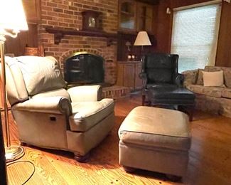 Living room Furniture Woodwork Tan Leather Club chair and Ottoman