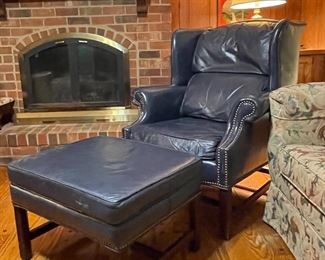 Classic Leather Inc. Navy Leather Wingback chair and ottoman