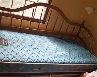 DAY BED HAS SOME DAMAGE, MATTRESS CLEAN NO STAINS FRAME IS SOLID JUST THE SPINDLES DO LINE UP