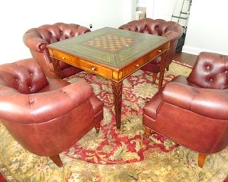 Maitland-Smith Hopkins Game Table/Leather Top Brass and Mahogany carved legs features a drawer on each side/40" x 40" x 30" h